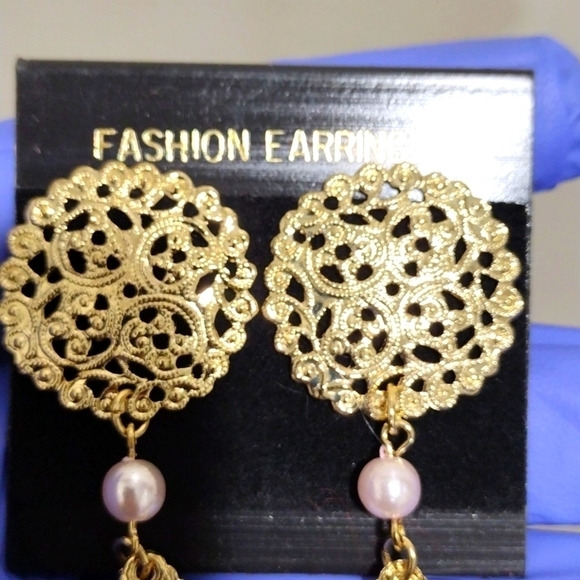 Women's Stylish Gold-tone Filigree Design 3" Long Beaded Drop Dangle Earrings #2 - Picture 4 of 5